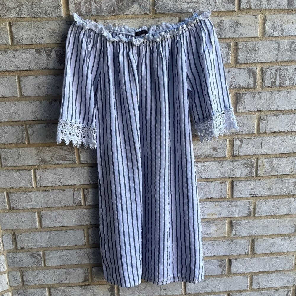 Lungo L'arno 3/4 Sleeve Lace Trim 100% Linen Striped Dress Women's Size M